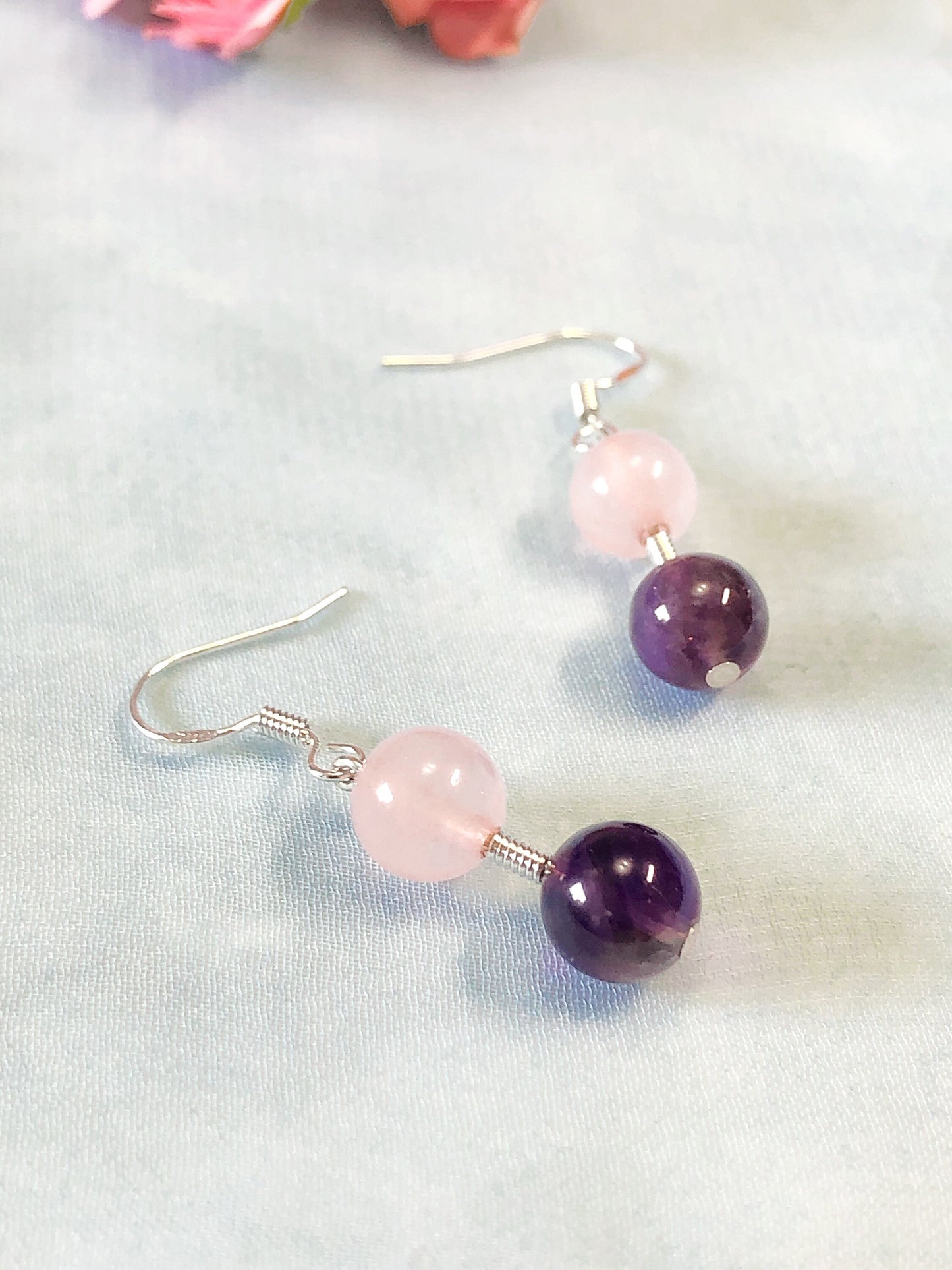 Rose Quartz & Amethyst Earrings - Sterling Silver Earrings - Dangle Earrings - Drop Earrings - Gift For Her