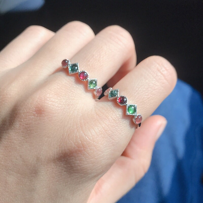 14k White Gold Vermeil Natural Tourmaline Adjustable Ring, Multi-color Natural Stone Open Size Ring, Mothers Day Gifts