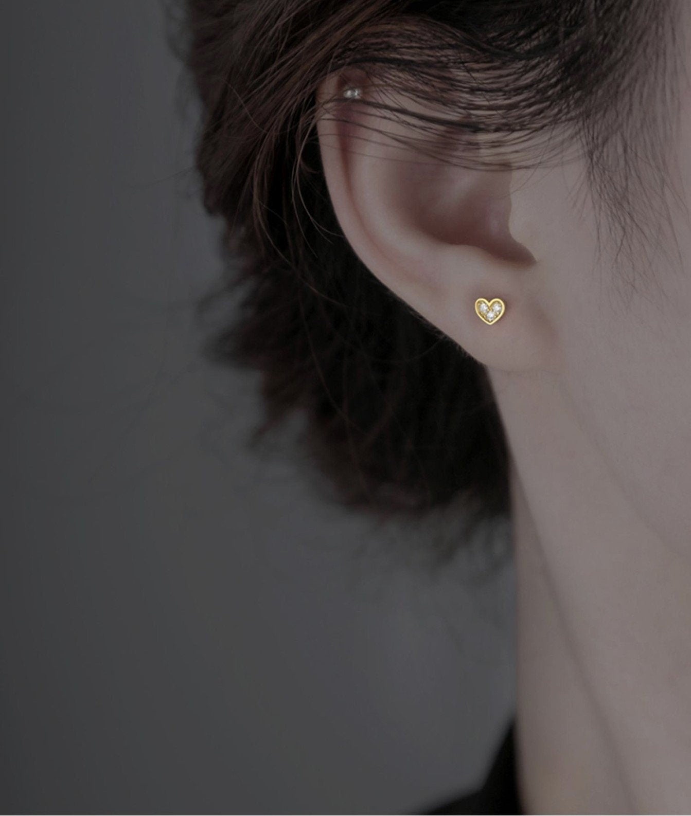 Gold Mismatched Heart CZ Earrings, Tiny Asymmetrical Heart Studs, Gold Heart Earring, Classic Earrings, Helix Earrngs, Gift for Her, GE33