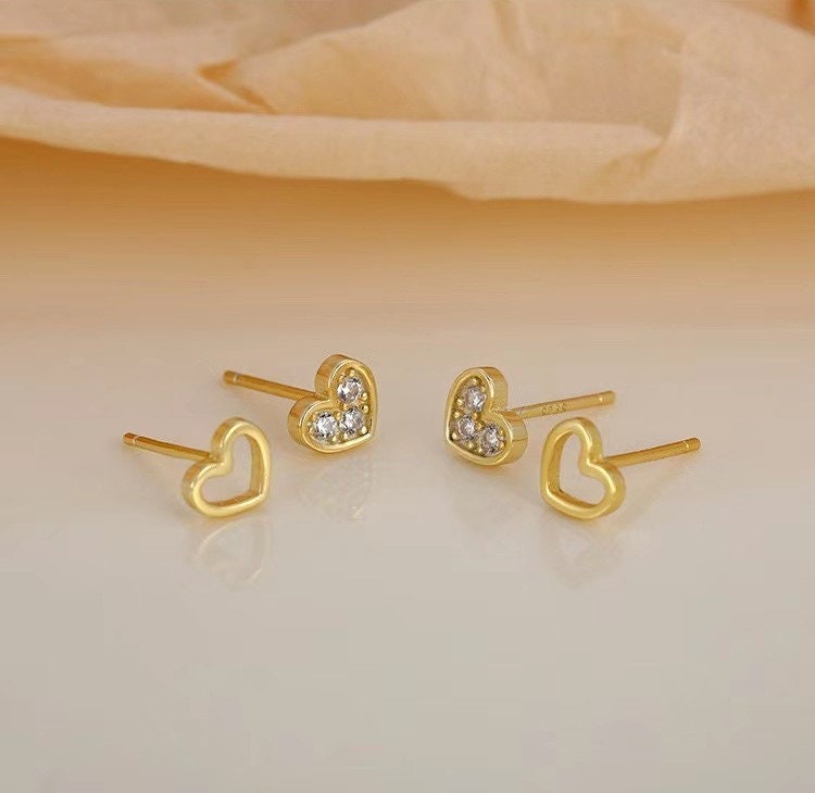 Gold Mismatched Heart CZ Earrings, Tiny Asymmetrical Heart Studs, Gold Heart Earring, Classic Earrings, Helix Earrngs, Gift for Her, GE33