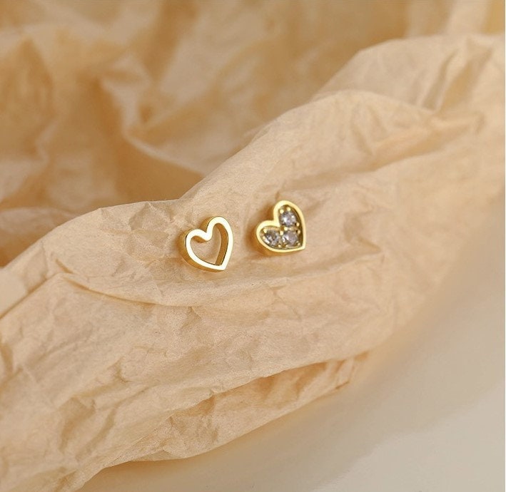 Gold Mismatched Heart CZ Earrings, Tiny Asymmetrical Heart Studs, Gold Heart Earring, Classic Earrings, Helix Earrngs, Gift for Her, GE33