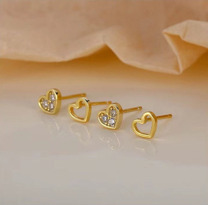 Gold Mismatched Heart CZ Earrings, Tiny Asymmetrical Heart Studs, Gold Heart Earring, Classic Earrings, Helix Earrngs, Gift for Her, GE33