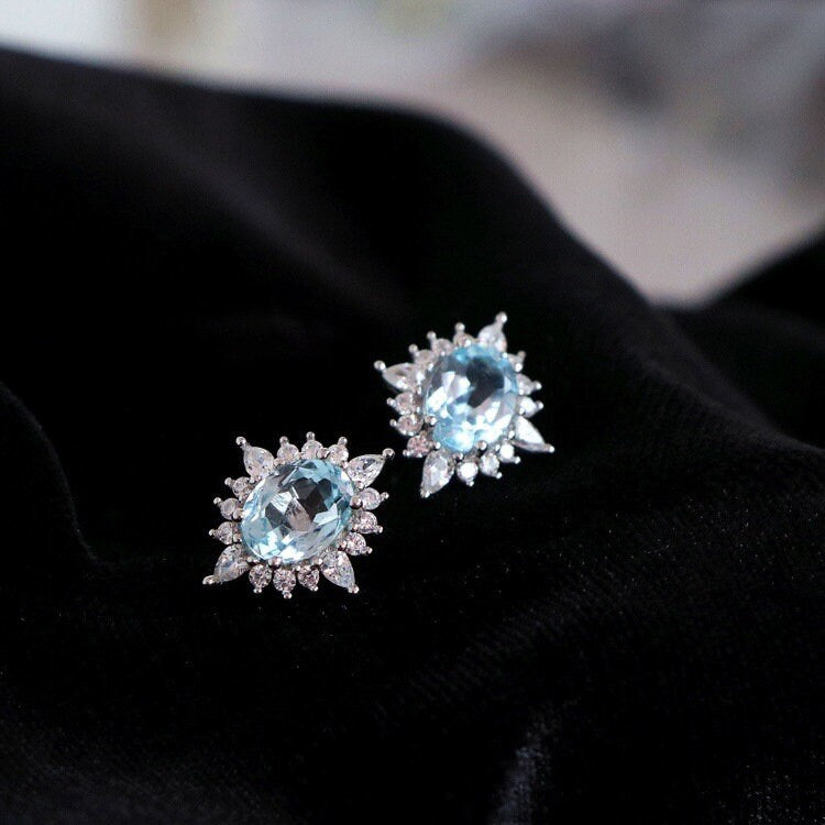 925 Silver Blue Topaz CZ Earrings, Sparkly Topaz North Star Earrings, Minimalist Blue CZ Earrings, Wedding Earrings, Bridal Gift, GE53