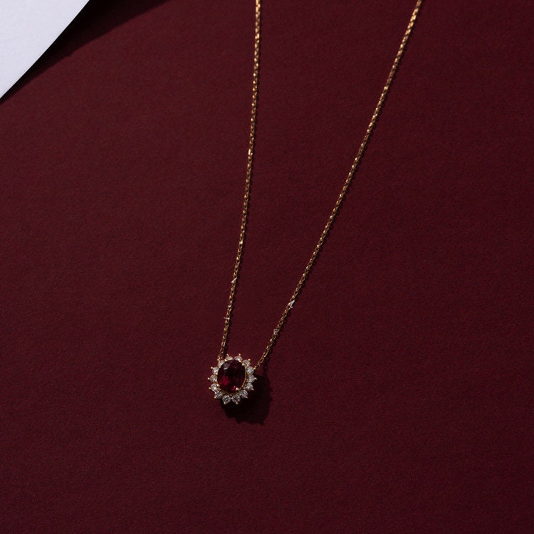 Dainty Gold Oval Ruby CZ Necklace, Delicate Gold Ruby Pendant, Sparkly CZ Vintage Ruby Necklace, Minimalist Ruby Necklace, Wedding Gift GN31