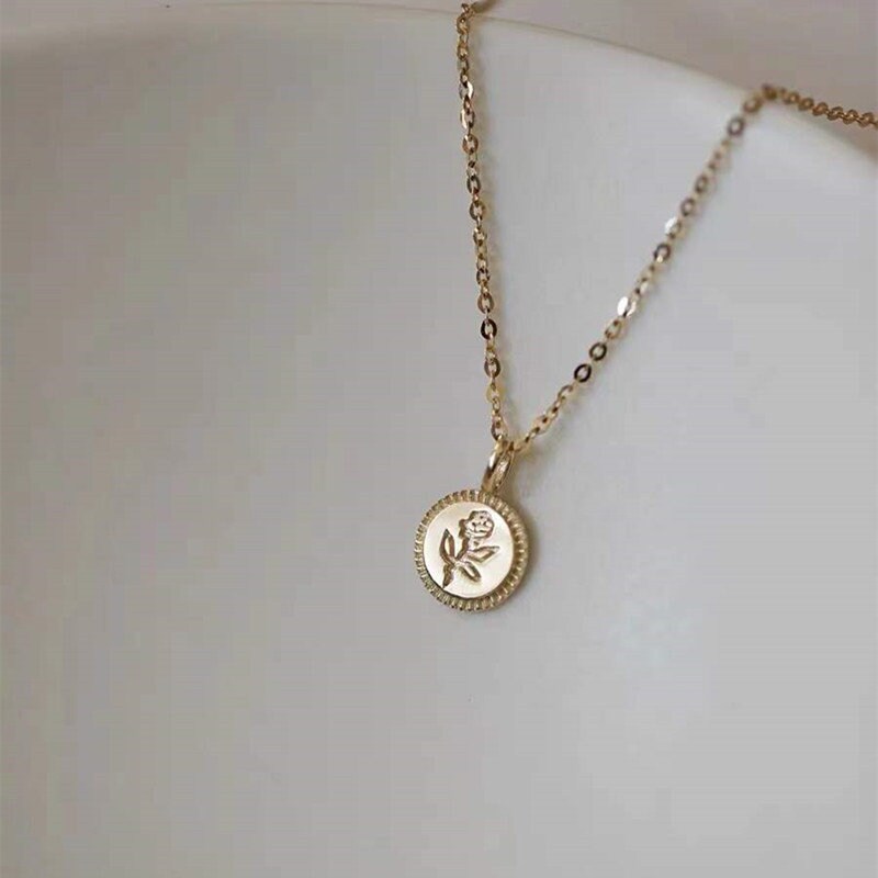 14k Gold Vermeil Rose Coin Necklace, Dainty Birth flower Pendant, Flower Gold Necklace, Rose Engraved Coin Necklace, Gift for her, GN37