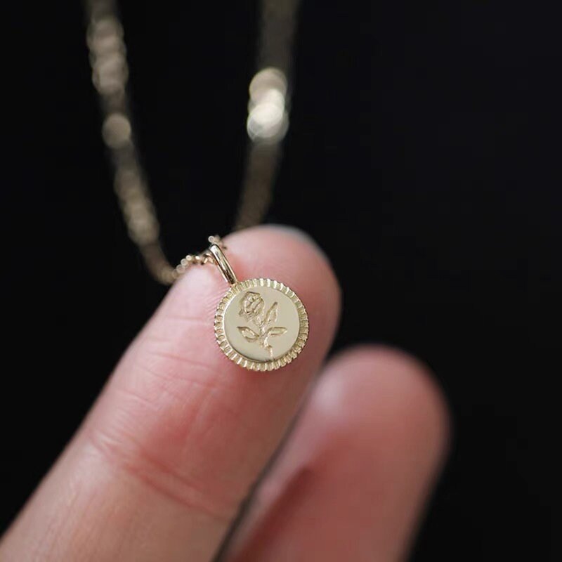 14k Gold Vermeil Rose Coin Necklace, Dainty Birth flower Pendant, Flower Gold Necklace, Rose Engraved Coin Necklace, Gift for her, GN37