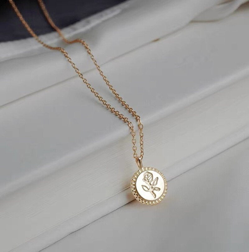 14k Gold Vermeil Rose Coin Necklace, Dainty Birth flower Pendant, Flower Gold Necklace, Rose Engraved Coin Necklace, Gift for her, GN37
