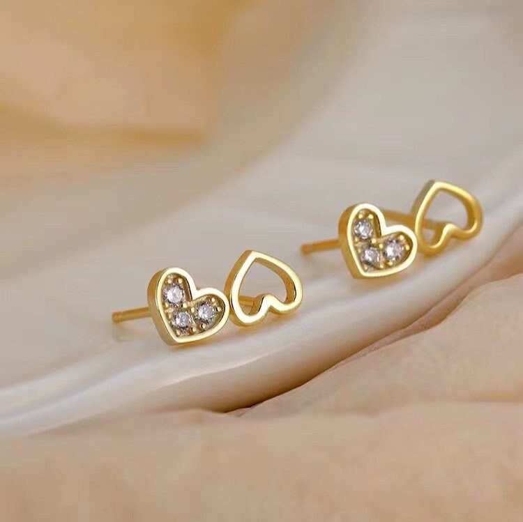 Gold Mismatched Heart CZ Earrings, Tiny Asymmetrical Heart Studs, Gold Heart Earring, Classic Earrings, Helix Earrngs, Gift for Her, GE33