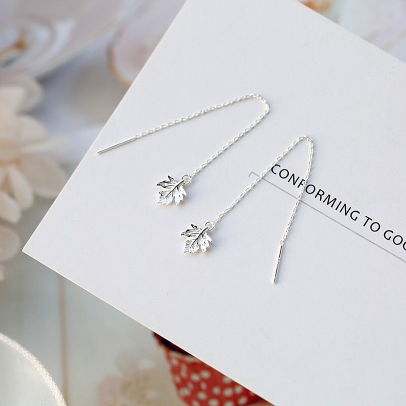 925 Silver Maple Leaf Threader Earrings, Dainty Leaf Dangle Earring, Leaf Tassel Earrings, Plant Drop Earring, Gift for her, GE128
