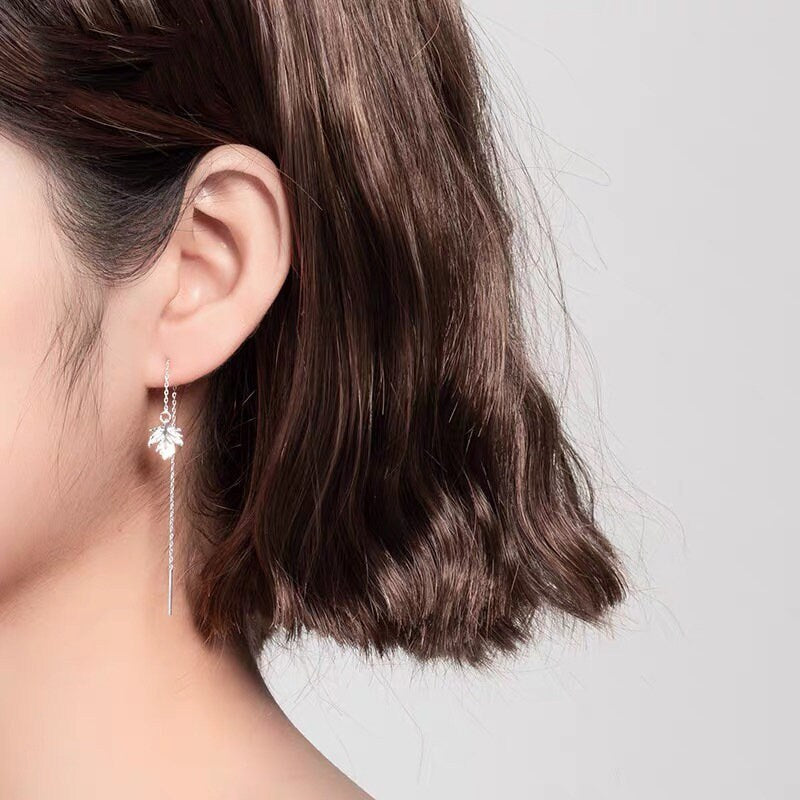 925 Silver Maple Leaf Threader Earrings, Dainty Leaf Dangle Earring, Leaf Tassel Earrings, Plant Drop Earring, Gift for her, GE128