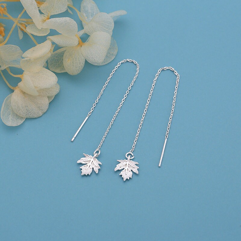 925 Silver Maple Leaf Threader Earrings, Dainty Leaf Dangle Earring, Leaf Tassel Earrings, Plant Drop Earring, Gift for her, GE128
