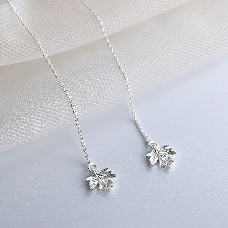 925 Silver Maple Leaf Threader Earrings, Dainty Leaf Dangle Earring, Leaf Tassel Earrings, Plant Drop Earring, Gift for her, GE128
