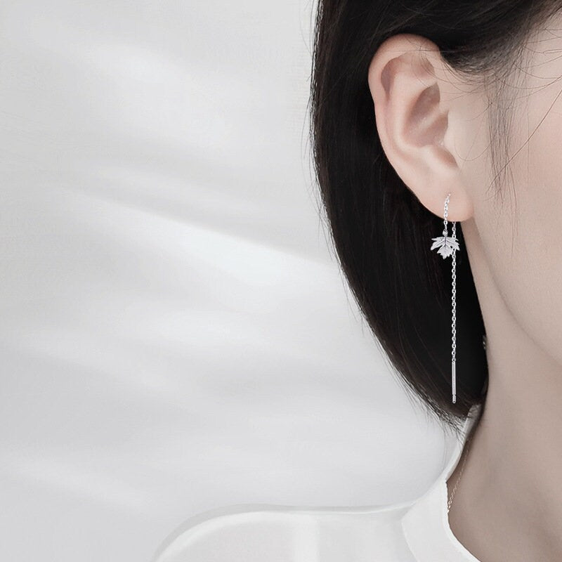 925 Silver Maple Leaf Threader Earrings, Dainty Leaf Dangle Earring, Leaf Tassel Earrings, Plant Drop Earring, Gift for her, GE128