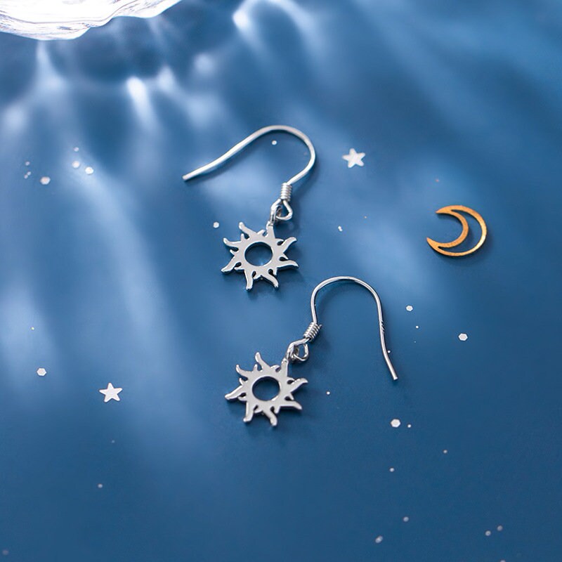 Sterling Silver Sunburst Hook Earrings, Sun Dangle Hook Earrings, Sunflower Drop Earring, Sun Dangle Earring, Minimalist Earring, Gift GE167