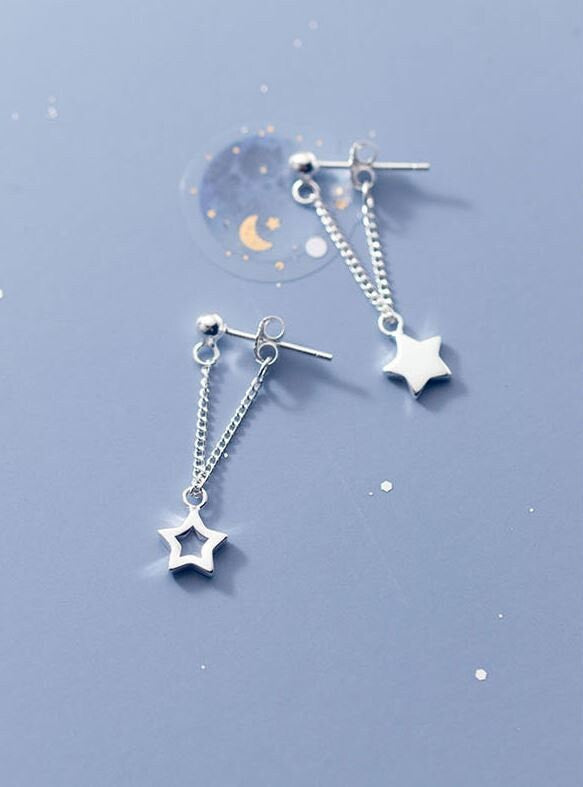 Dainty 925 Silver Hollow-out Star Threader Dangle & Drop Earrings, Silver Star Tassel Earrings, Minimalist Threader Earring, Gifts, GE191