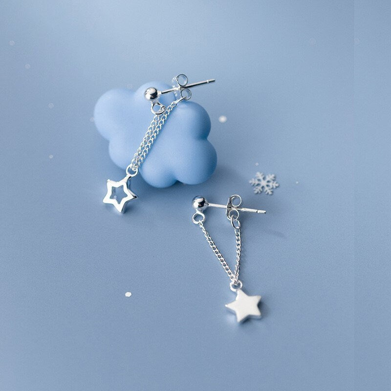 Dainty 925 Silver Hollow-out Star Threader Dangle & Drop Earrings, Silver Star Tassel Earrings, Minimalist Threader Earring, Gifts, GE191