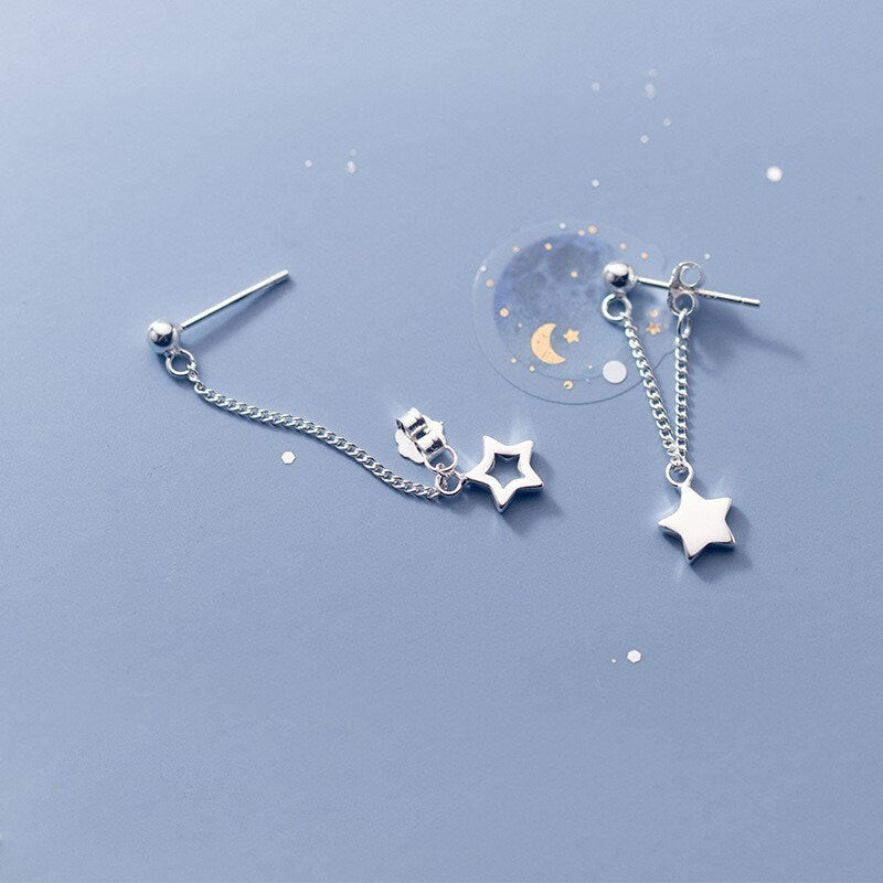 Dainty 925 Silver Hollow-out Star Threader Dangle & Drop Earrings, Silver Star Tassel Earrings, Minimalist Threader Earring, Gifts, GE191