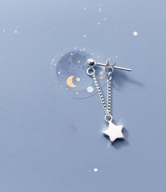 Dainty 925 Silver Hollow-out Star Threader Dangle & Drop Earrings, Silver Star Tassel Earrings, Minimalist Threader Earring, Gifts, GE191