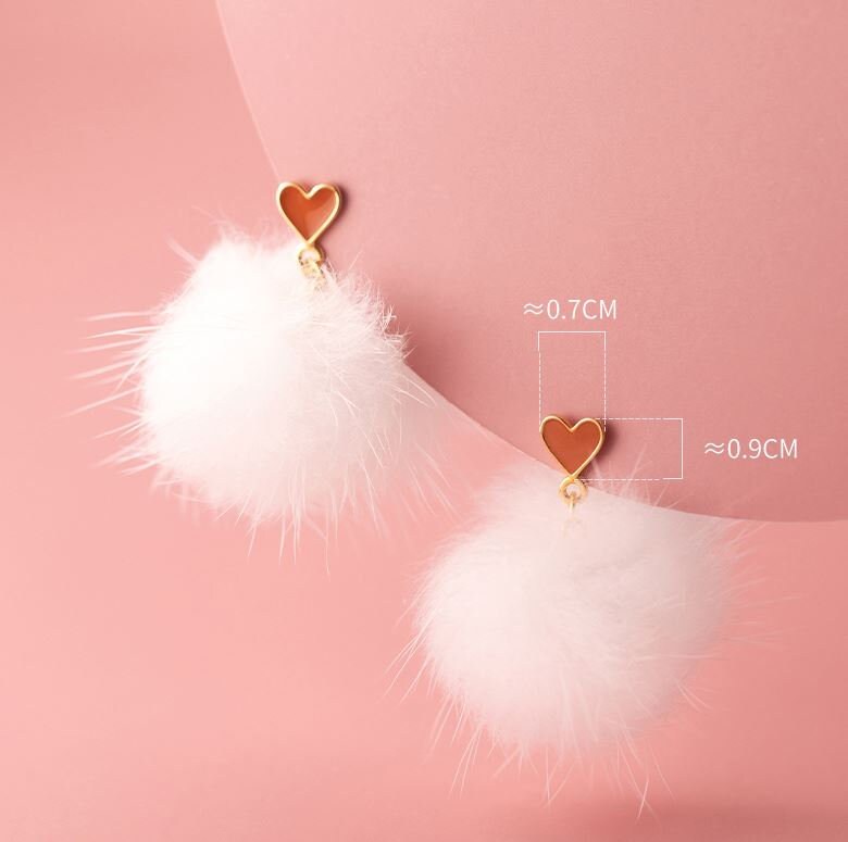 Gold Enamel Heart Puffer Ball Drop & Dangle Earrings, Dainty Fur Ball Drop Earrings, Minimalist Unique Earring, Gifts for her, GE195