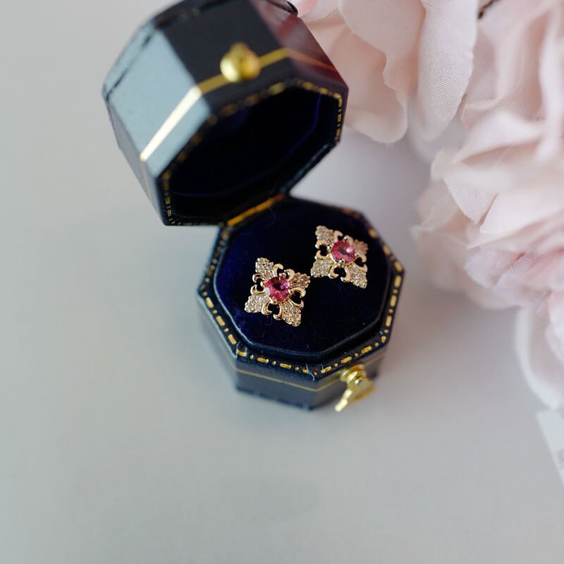 Gold Vermeil Vintage Ruby Stud Earrings, Gold Ruby CZ Earrings, Dainty CZ paving Ruby Earrings, Minimalist Earring, Gift for her GE209