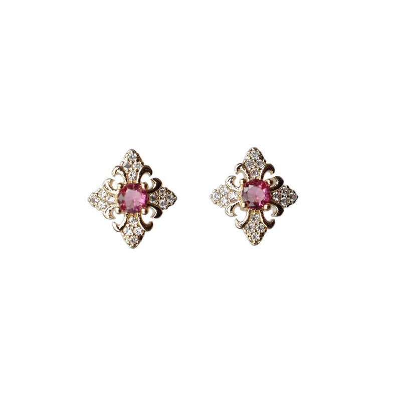 Gold Vermeil Vintage Ruby Stud Earrings, Gold Ruby CZ Earrings, Dainty CZ paving Ruby Earrings, Minimalist Earring, Gift for her GE209