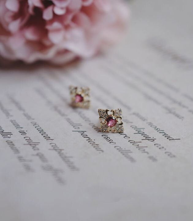 Gold Vermeil Vintage Ruby Stud Earrings, Gold Ruby CZ Earrings, Dainty CZ paving Ruby Earrings, Minimalist Earring, Gift for her GE209