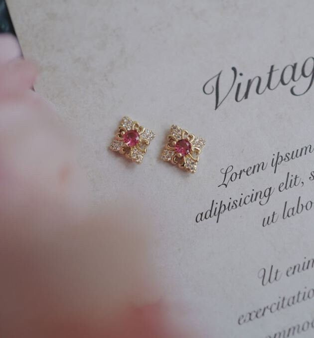 Gold Vermeil Vintage Ruby Stud Earrings, Gold Ruby CZ Earrings, Dainty CZ paving Ruby Earrings, Minimalist Earring, Gift for her GE209