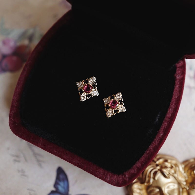 Gold Vermeil Vintage Ruby Stud Earrings, Gold Ruby CZ Earrings, Dainty CZ paving Ruby Earrings, Minimalist Earring, Gift for her GE209