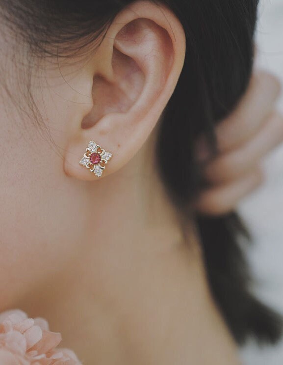 Gold Vermeil Vintage Ruby Stud Earrings, Gold Ruby CZ Earrings, Dainty CZ paving Ruby Earrings, Minimalist Earring, Gift for her GE209