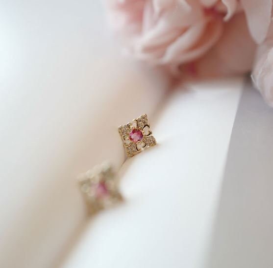 Gold Vermeil Vintage Ruby Stud Earrings, Gold Ruby CZ Earrings, Dainty CZ paving Ruby Earrings, Minimalist Earring, Gift for her GE209