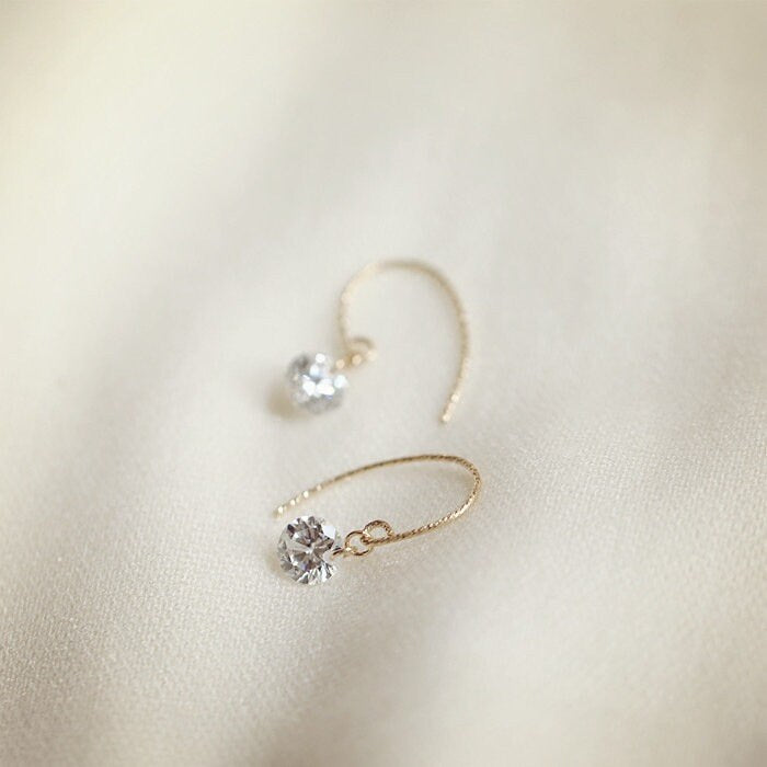 Dainty Gold CZ Diamond Hook Drop & Dangle Earrings, Gold Round Cut CZ Hook Earrings, CZ Drop Earring, Minimalist Earring, Gift for her GE210
