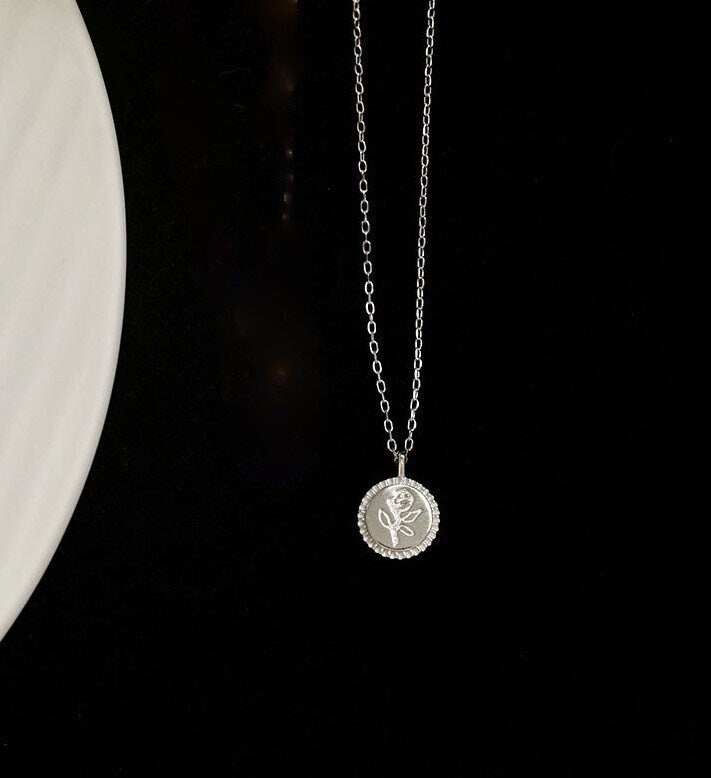 14k Gold Vermeil Rose Coin Necklace, Dainty Birth flower Pendant, Flower Gold Necklace, Rose Engraved Coin Necklace, Gift for her, GN37
