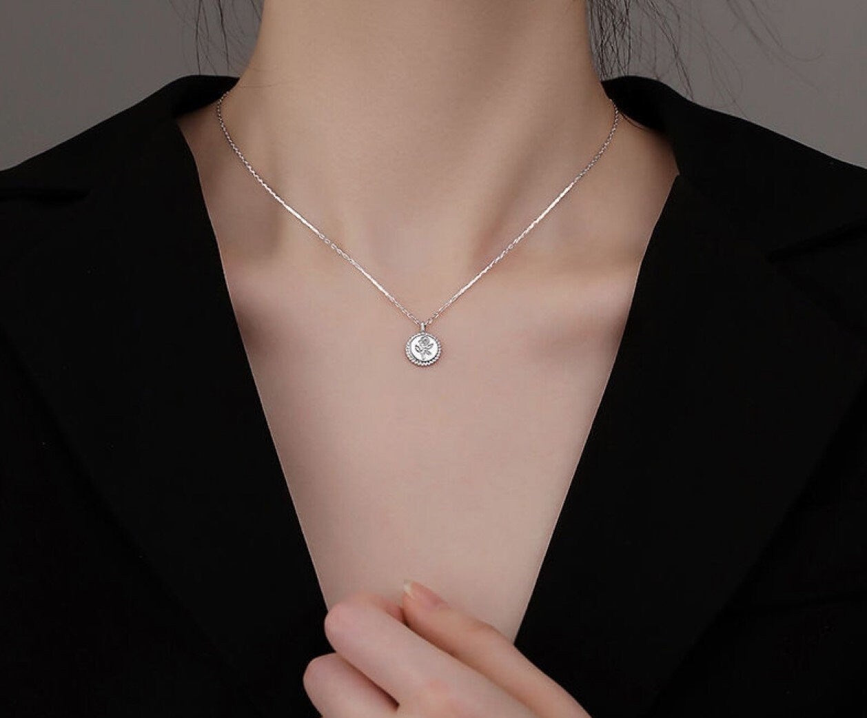 14k Gold Vermeil Rose Coin Necklace, Dainty Birth flower Pendant, Flower Gold Necklace, Rose Engraved Coin Necklace, Gift for her, GN37
