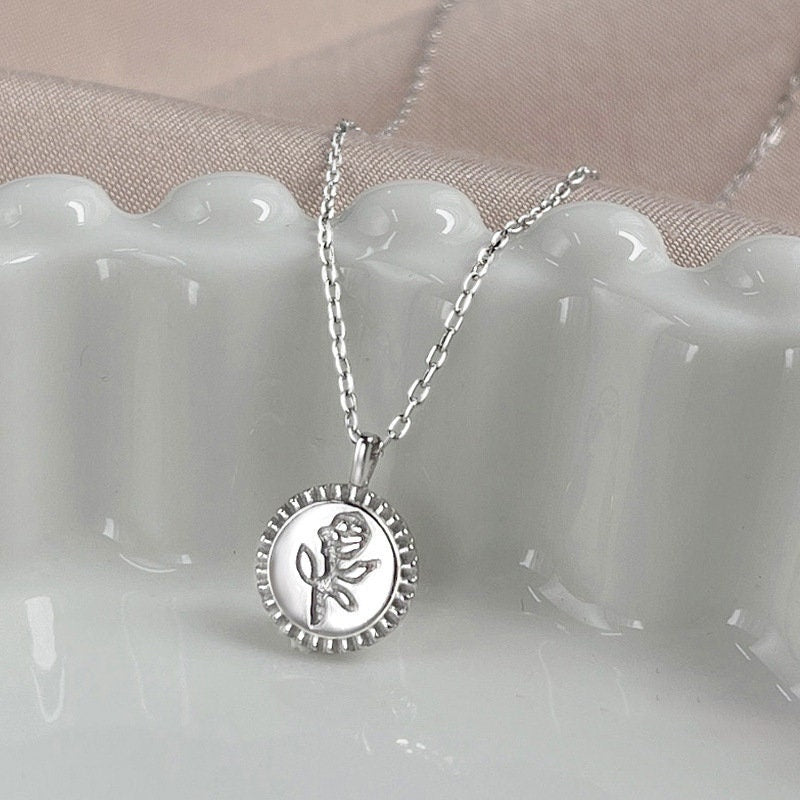 14k Gold Vermeil Rose Coin Necklace, Dainty Birth flower Pendant, Flower Gold Necklace, Rose Engraved Coin Necklace, Gift for her, GN37