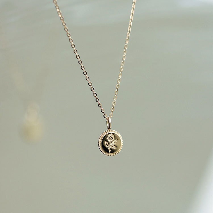 14k Gold Vermeil Rose Coin Necklace, Dainty Birth flower Pendant, Flower Gold Necklace, Rose Engraved Coin Necklace, Gift for her, GN37