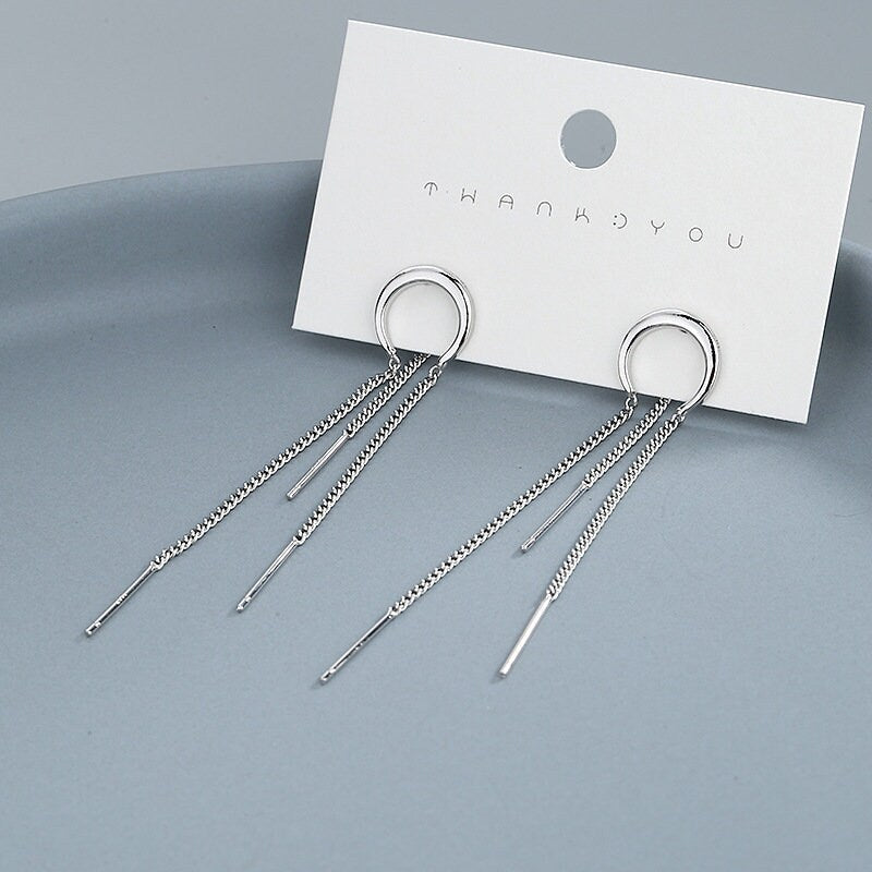 Sterling Silver Moon Threader Earrings, Silver Moon Tassel Earrings, Dangle & Drop Earrings, Minimalist Long Earrings, Gift for her, GE266