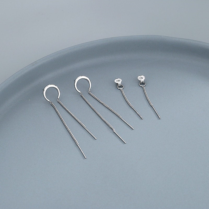 Sterling Silver Moon Threader Earrings, Silver Moon Tassel Earrings, Dangle & Drop Earrings, Minimalist Long Earrings, Gift for her, GE266