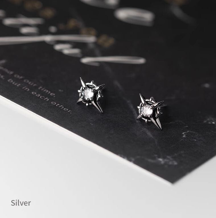 Black CZ Star Stud Earrings, 925 Silver CZ Astral Earrings, Black North Star Earrings, Minimalist Star Earrings, Gift for her/Him, GE272
