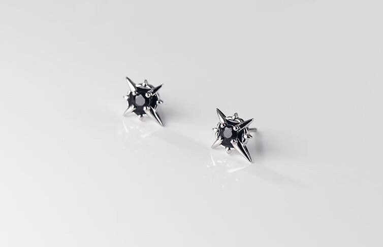 Black CZ Star Stud Earrings, 925 Silver CZ Astral Earrings, Black North Star Earrings, Minimalist Star Earrings, Gift for her/Him, GE272
