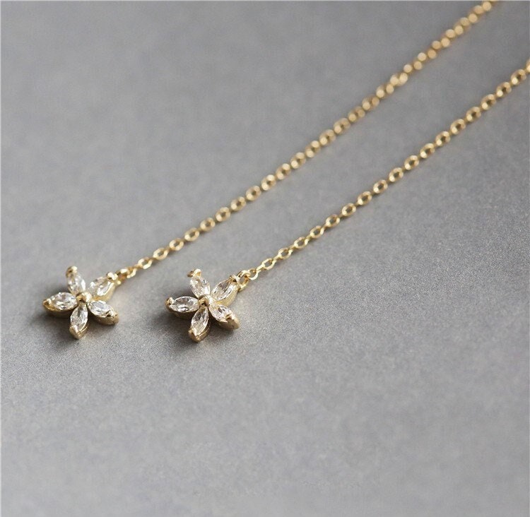 Dainty Gold Flower Threader Earrings, Gold CZ Flower Tassel Earrings, CZ Flower Dangle Earring, Christmas Gifts, Minimalist Earrings, GE304