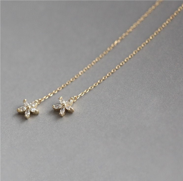 Dainty Gold Flower Threader Earrings, Gold CZ Flower Tassel Earrings, CZ Flower Dangle Earring, Christmas Gifts, Minimalist Earrings, GE304