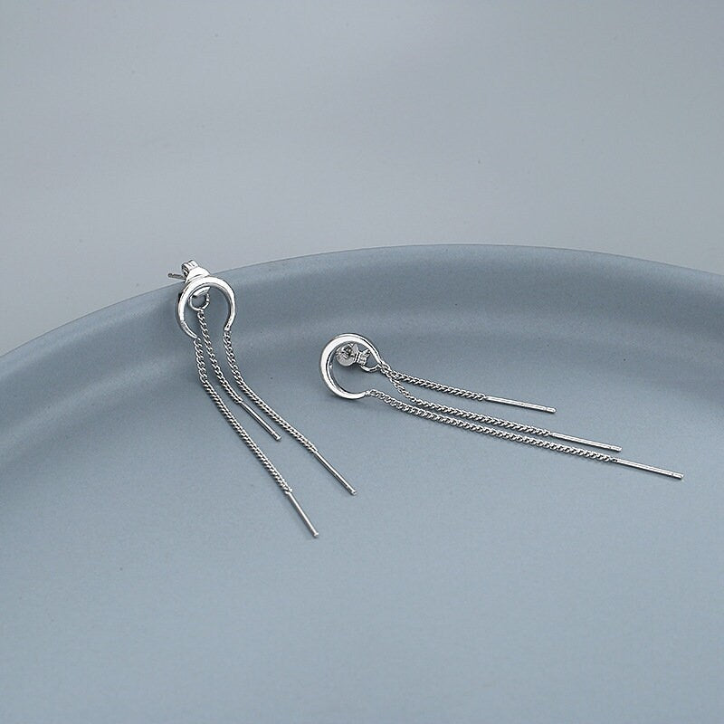 Sterling Silver Moon Threader Earrings, Silver Moon Tassel Earrings, Dangle & Drop Earrings, Minimalist Long Earrings, Gift for her, GE266