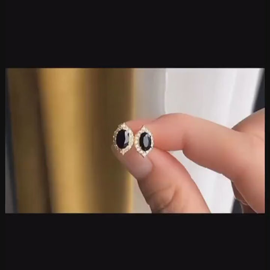 Dainty Gold Black Onyx Stud Earrings, Sparkly CZ and Onyx Earrings, Gold Oval Onyx Earrings, Bridal Gift, Wedding Earrings, Gifts, GE41