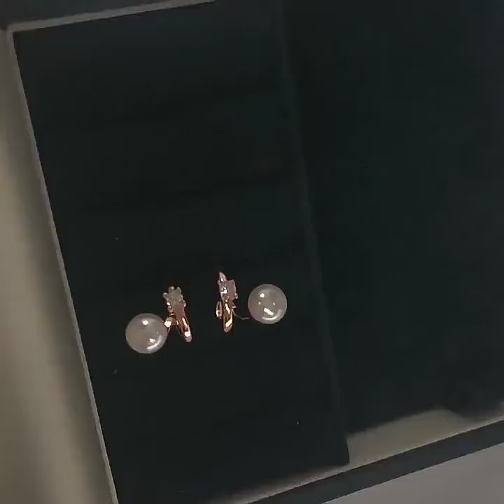 14k Rose Vermeil Pearl Stud Earrings, Pearl & Tiny CZ Curve Geometry Earrings, Half Circle Pearl Earring, Minimalist, Gift for her, GE265