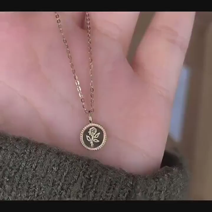 14k Gold Vermeil Rose Coin Necklace, Dainty Birth flower Pendant, Flower Gold Necklace, Rose Engraved Coin Necklace, Gift for her, GN37