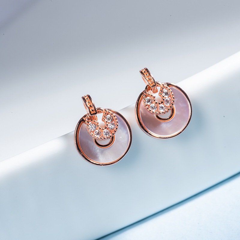 Dainty Round Pearl Shell CZ Earrings - Rose Gold Vermeil Round Shell Earrings - Earrings for Women- Perfect Gift for her - Mother's Day Gift