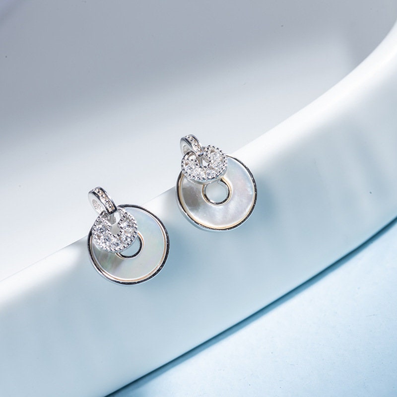 Dainty Round Pearl Shell CZ Earrings - Rose Gold Vermeil Round Shell Earrings - Earrings for Women- Perfect Gift for her - Mother's Day Gift