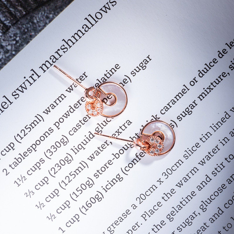 Dainty Round Pearl Shell CZ Earrings - Rose Gold Vermeil Round Shell Earrings - Earrings for Women- Perfect Gift for her - Mother's Day Gift