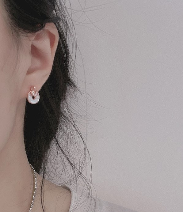 Dainty Round Pearl Shell CZ Earrings - Rose Gold Vermeil Round Shell Earrings - Earrings for Women- Perfect Gift for her - Mother's Day Gift