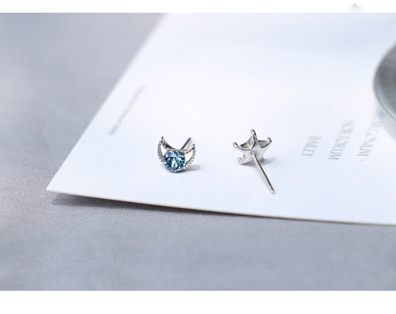 Blue Star & Moon Asymmetrical Earrings, Small Blue CZ Studs, Mismatched celestial earrings, Sterling silver star earrings, moon earrings